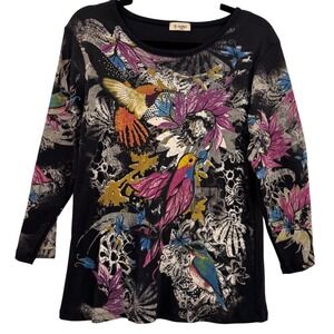 Cactus Womens Bird Graphic Print Top Large Cotton Art to Wear